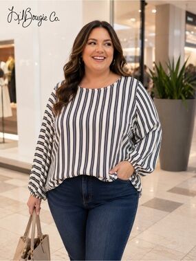 LOFT Navy & Ivory Striped Balloon Sleeve Blouse | Size XXL | Like New